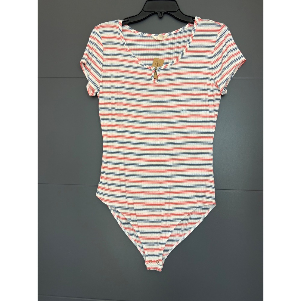 Cape Juby Women Red White Blue Striped Ribbed Keyhole Short Sleeve Bodysuit L